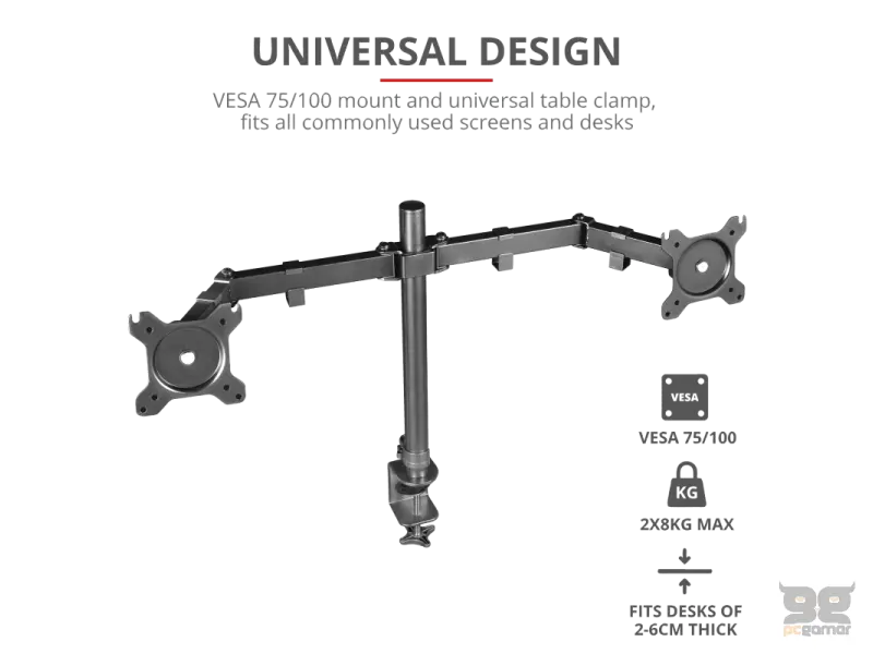 TRUST GXT 1120 Mara Dual Monitor Arm, VESA 75x75mm, 100x100mm, max 2x8kg weight, up to 32"