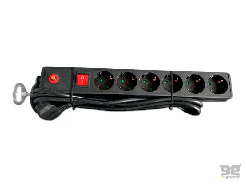 E-GREEN Kabl naponski produžni 6 x šuko 3m sa prekidacem i zaštitom (crni) 