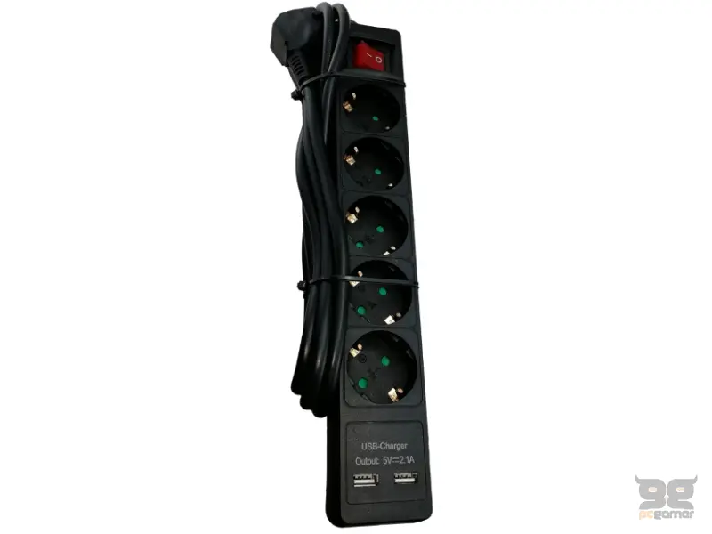 E-GREEN Kabl naponski produžni 5 x šuko + 2xUSB 2m sa prekidacem i zaštitom (crni) 