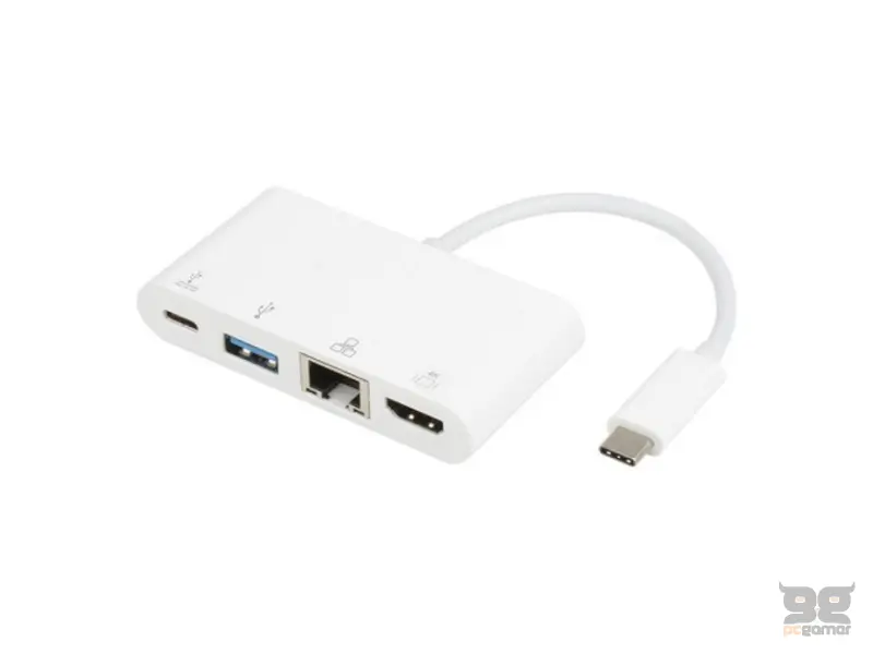 E-GREEN Adapter USB 3.1 tip C (M) - HDMI + USB3.0 + RJ45 + tip C (F) beli 