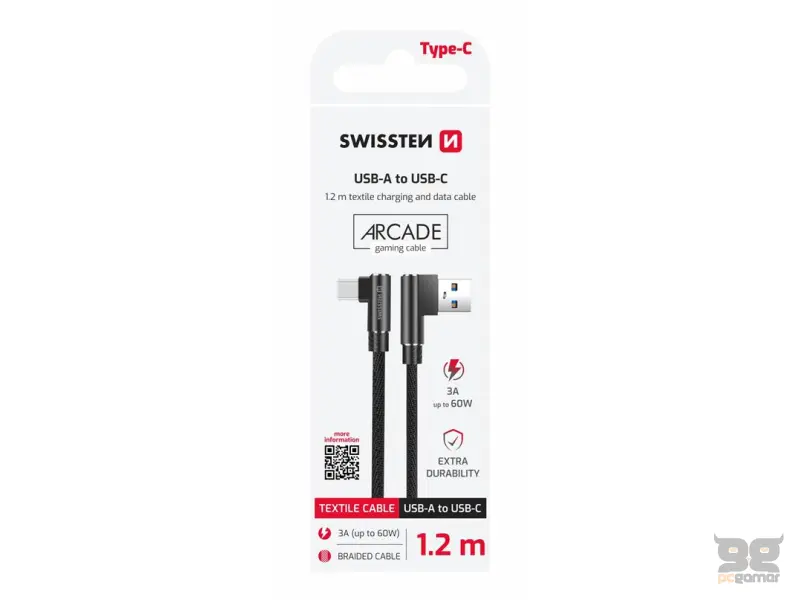Swissten Kabl Arcade Gaming USB To Type-C 100W USB 1.2m - Black