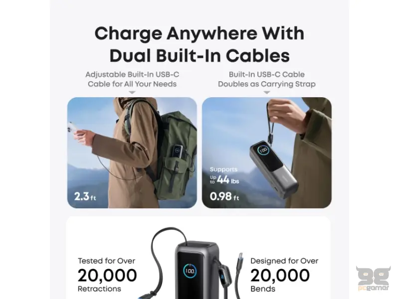ANKER 25000mAh, 165W, sa ugrađenim USB-C kablom na izvlačenje, Power Bank za laptop crni 
