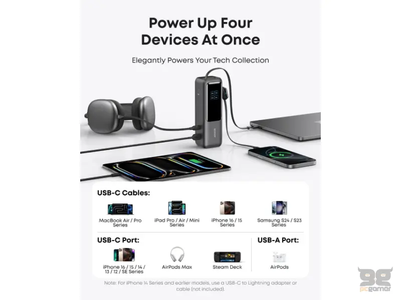 ANKER 25000mAh, 165W, sa ugrađenim USB-C kablom na izvlačenje, Power Bank za laptop srebrni 