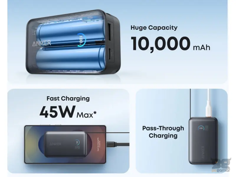 ANKER Nano 10000mAh, 45W, sa ugrađenim USB-C kablom na izvlačenje, Power Bank crni 