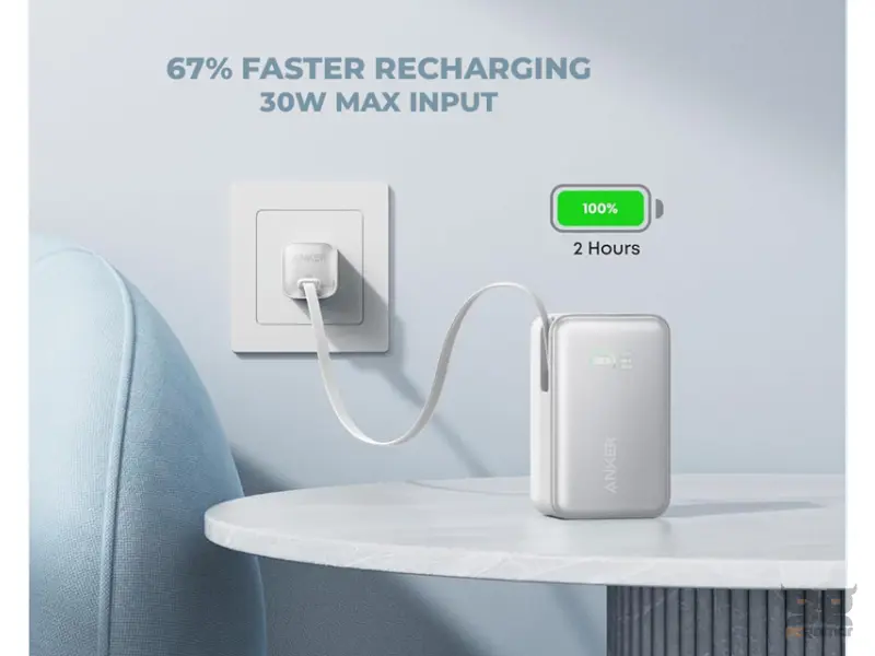 ANKER Nano 10000mAh, 45W, sa ugrađenim USB-C kablom na izvlačenje, Power Bank beli 