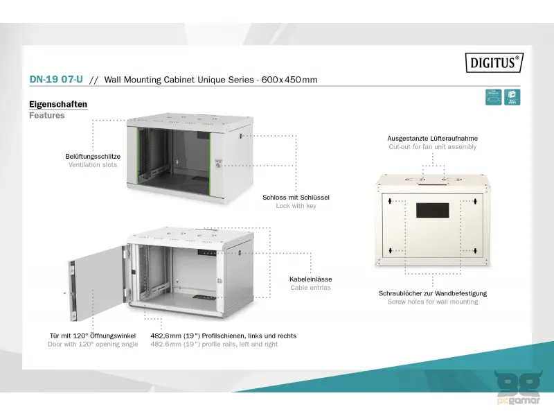 Digitus 7U wall mounting cabinet, 19"  Unique 420x600x450 mm, color grey (RAL 7035)