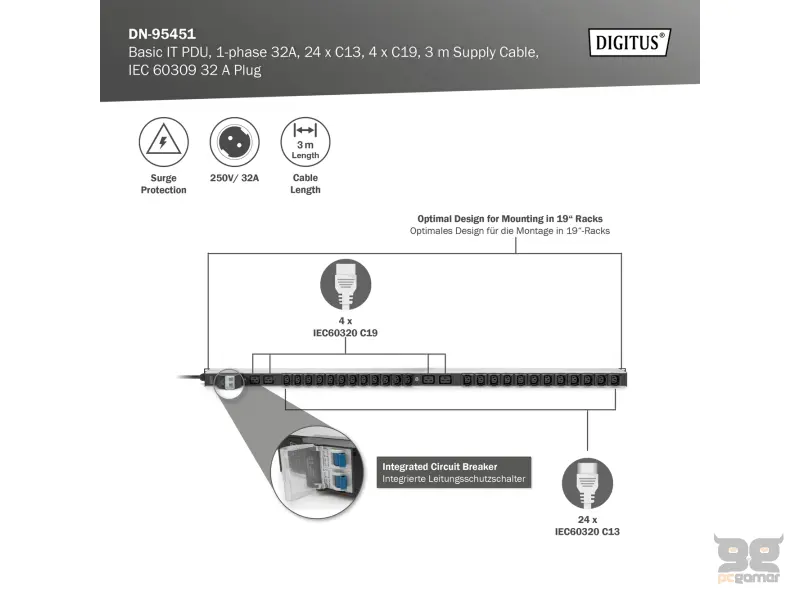 Digitus BASIC PDU, Vertical, 32A, 24 x C13, 4 x C19