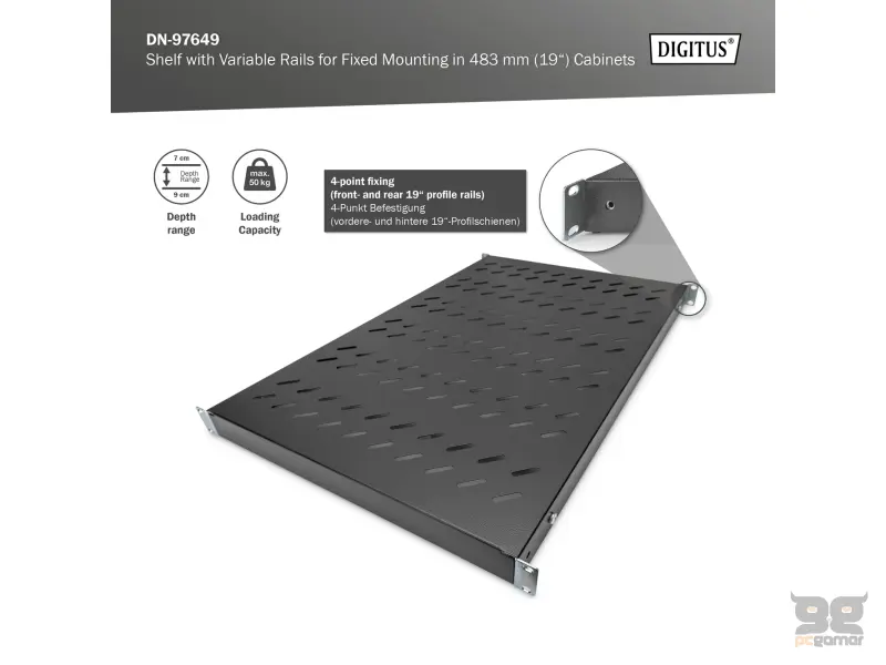 Digitus Polica fiksna 19", dubina 708-900 mm, do 50kg, crna