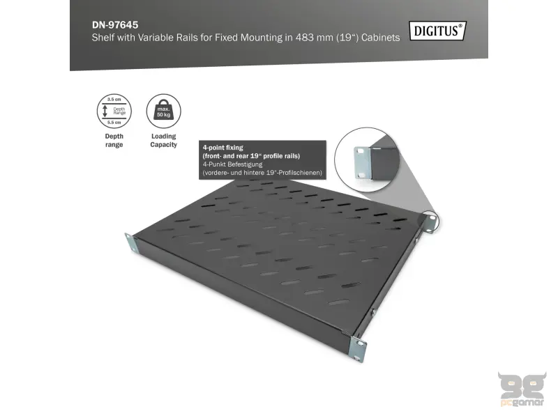 Digitus Polica fiksna 483 mm (19"), do 50 kg, 44.5×482×350‑500 mm, crna