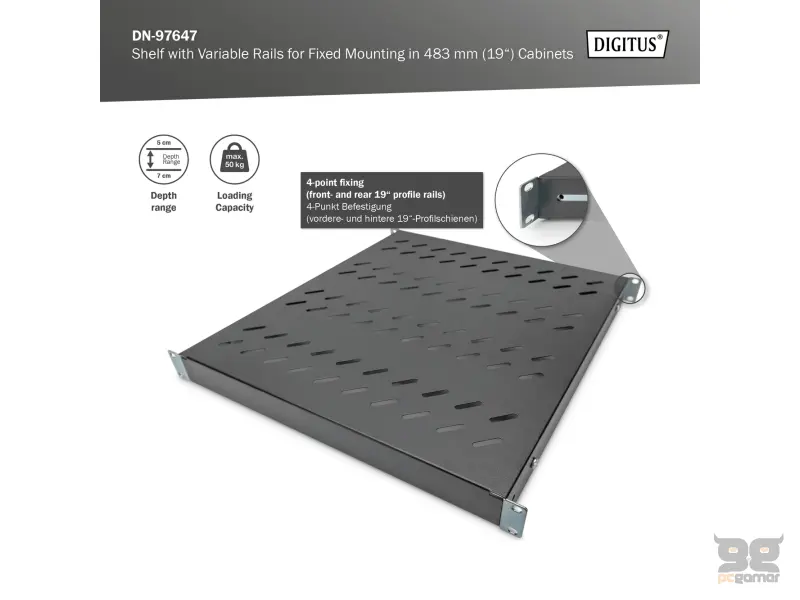 Digitus Polica fiksna 483 mm (19"), nosivost do 50 kg, 44,5x482x500-750 mm, crna