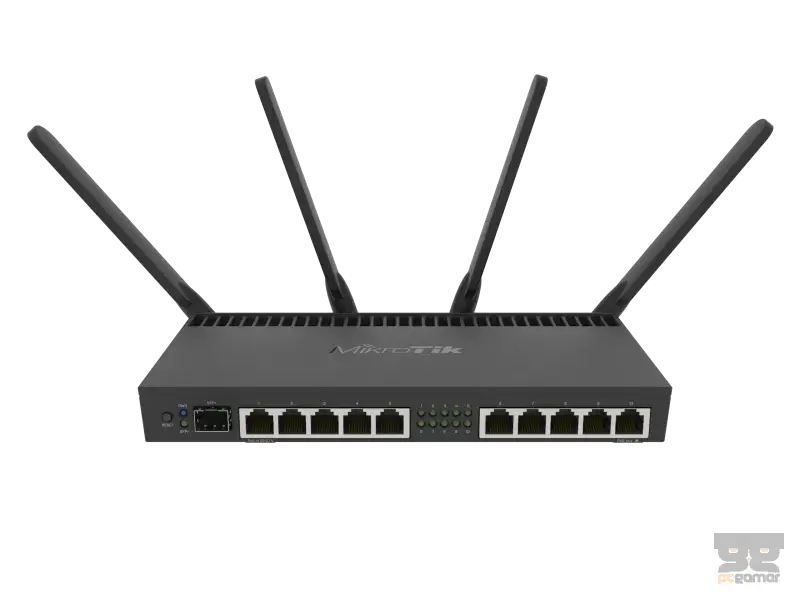 Mikrotik Router RB4011iGS+5HacQ2HnD-IN Powerful 10xGigabit port with a Quad-core 1.4Ghz CPU, 1GB RAM, SFP+ 10Gbps cage, dual band 2.4GHz / 5GHz 4x4 MIMO 802.11a/b/g/n/ac wireless and desktop case