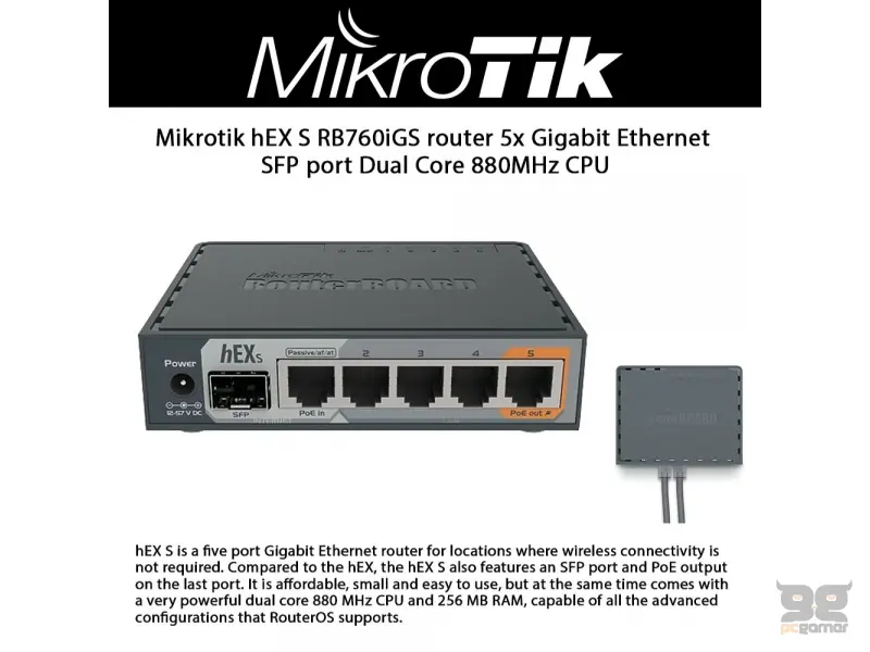 Mikrotik Router hEX S (RB760iGS) 5x Gigabit Ethernet, SFP, Dual Core 880MHz CPU, 256MB RAM, USB, microSD, RouterOS L4, IPsec hardware encryption support and The Dude server package