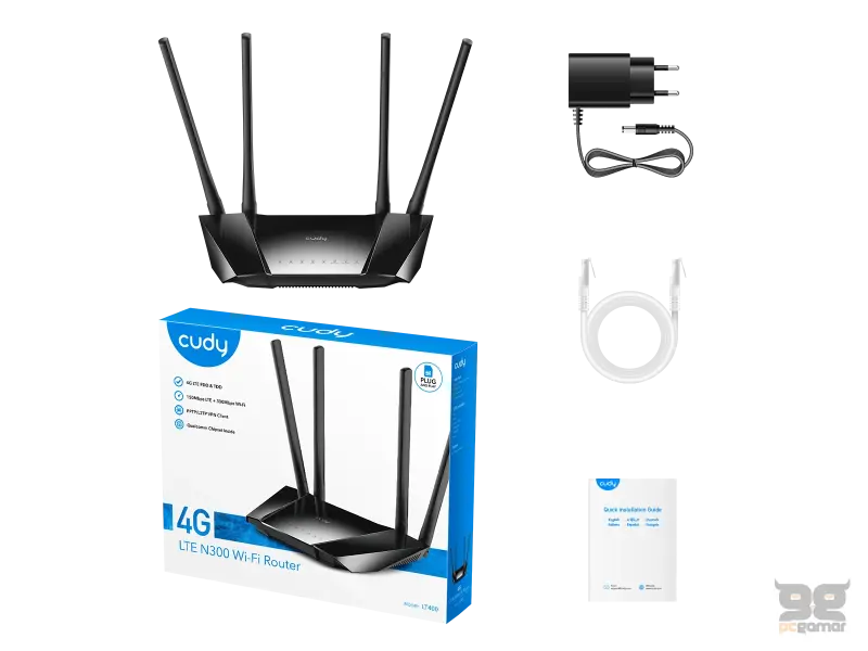 CUDY Ruter sa modemom LT400 3G / 4G LTE Cat.4 (do 150Mb/s download), WiFi 300Mb/s na 2.4GHz 802.11b/g/n, SIM slot za karticu, Ethernet 10/100Mb/s WAN + 3 LAN, PPTP/L2TP VPN client, QoS, advance firewall, 4 x 6dBi antene