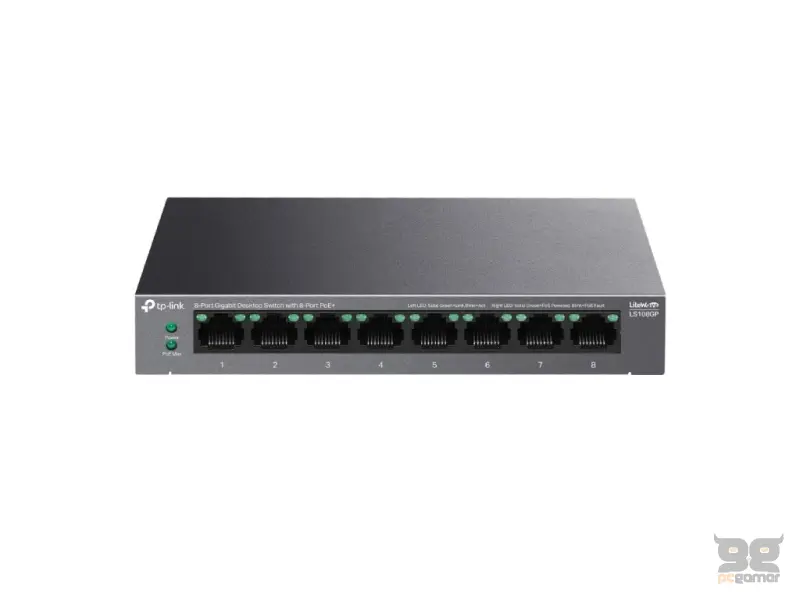 TP-LINK LS108GP 8-Port Gigabit Desktop Switch with 8-Port PoE+ , 62 W PoE Budget, Metal Casing