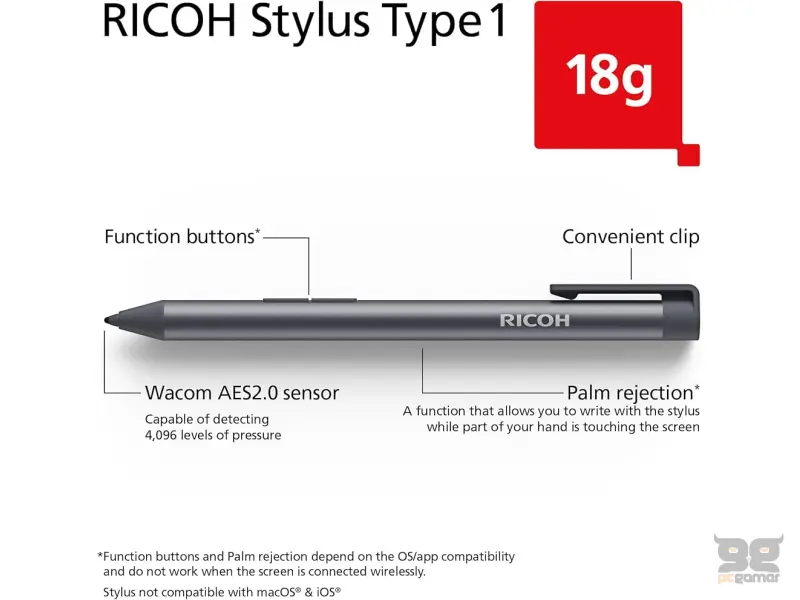 Ricoh Active Stylus for RICOH portable monitors Type1, 18g, Wacom AES2.0 sensor, 4096 pressure detection, AAAA Battery-powered