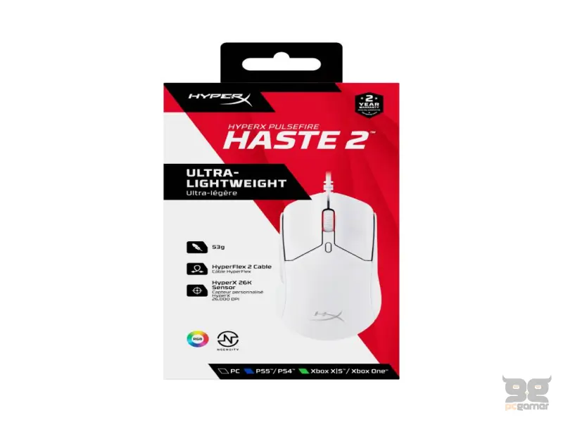 HyperX Pulsefire Haste 2 Wired Gaming Mouse/650 IPS/Up to 26000 DPI/RGB/White/Low-friction skates