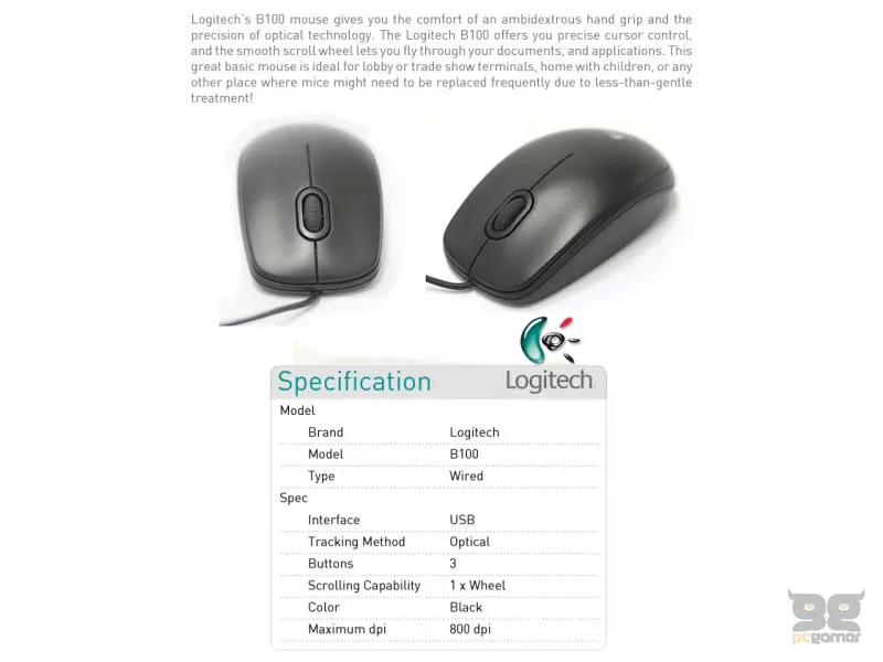 LOGITECH B100, Optical USB Mouse, Black OEM
