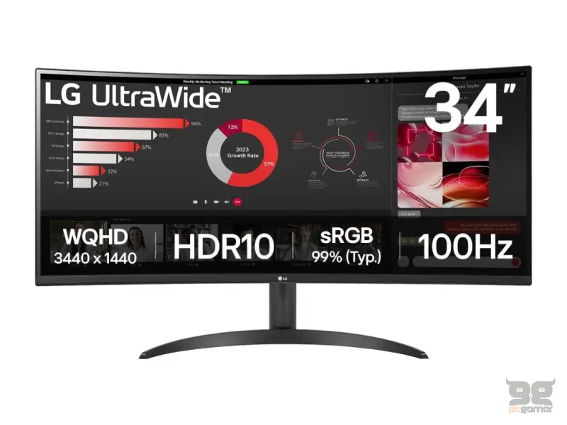 LG 34" Curved UltraWide QHD Monitor 34WR50QK-B,3440x1440, 21:9, 100Hz, 3000:1, 5ms, HDMI*2/DP