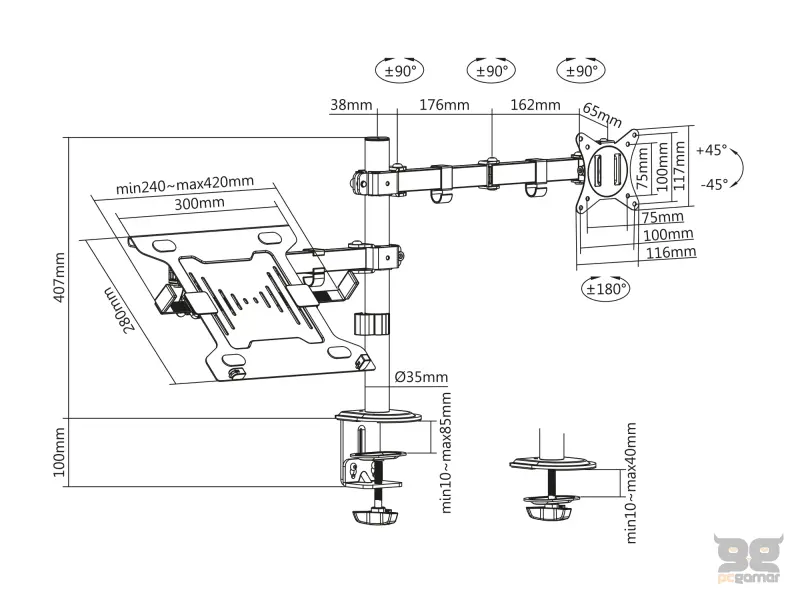 Digitus Nosac za monitor + notebook, 2x9kg, do 32", swivel, tilt