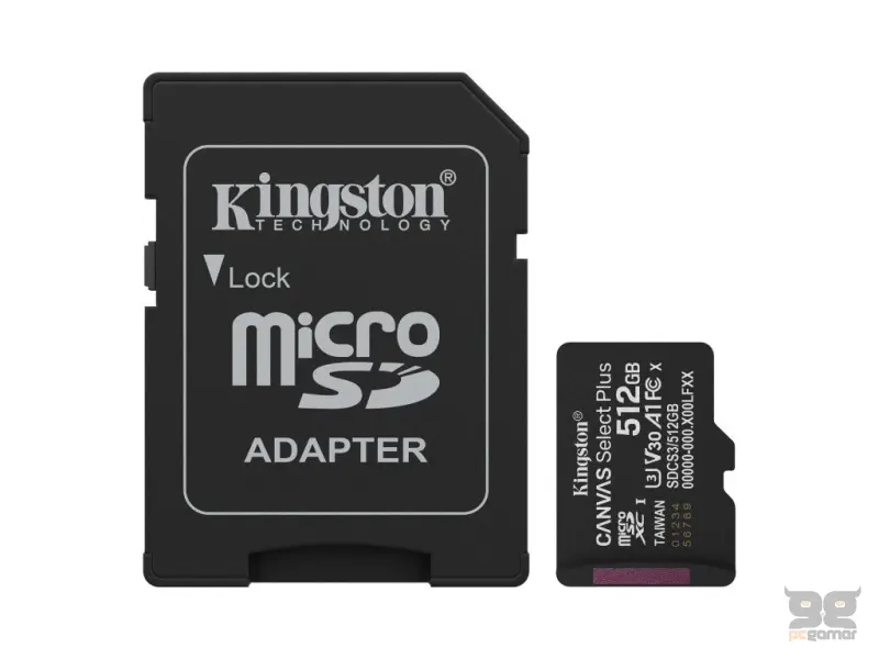 KINGSTON Micro SDXC 512GB CANVAS Select Plus C10 + SD Adapter, A1, U3, V30 up to 150 MB/s , UHS-I