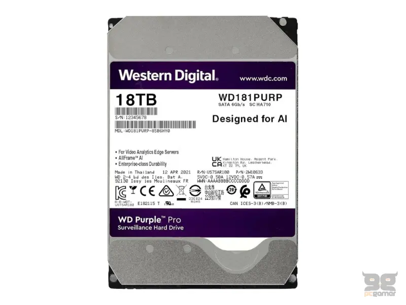WD PURPLE PRO Surveillance HDD 18TB SATA 6 Gb/s, 512 MB Cache, 3.5", 7200 rpm, up to 272MB/s, CMR