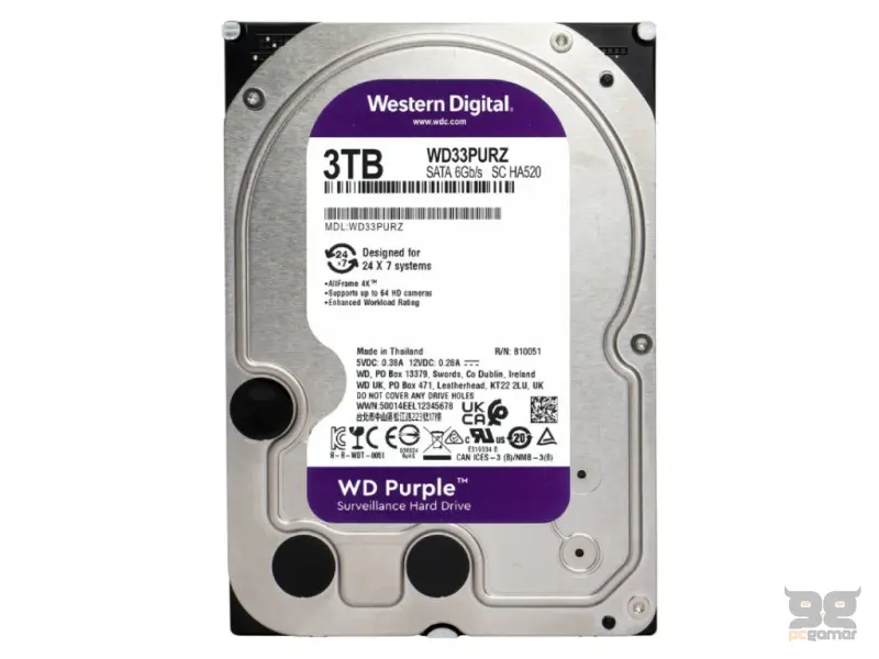 WD PURPLE HDD 3TB Surveillance, 256MB cache, 5400 RPM, up to 175MB/s transfer rate, 24/7