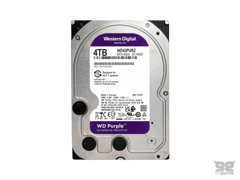 WD PURPLE HDD 4TB Surveillance, 256MB cache, 5400 RPM, up to 175MB/s transfer rate, 24/7