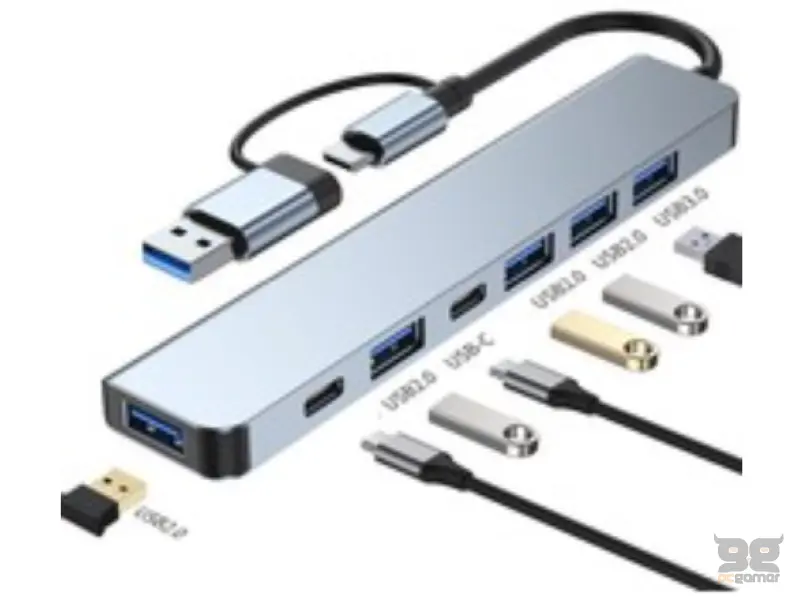 E-GREEN Adapter 8 u 2, Tip C/USB 3.0 - USB 3.0 + 3xUSB2.0+3.5mm audio+SD/TF+USB-C