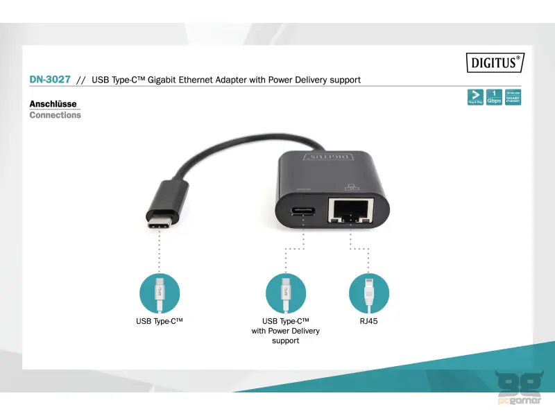 Digitus HUB USB Type C to RJ45 Gigabit Ethernet + Type C PD