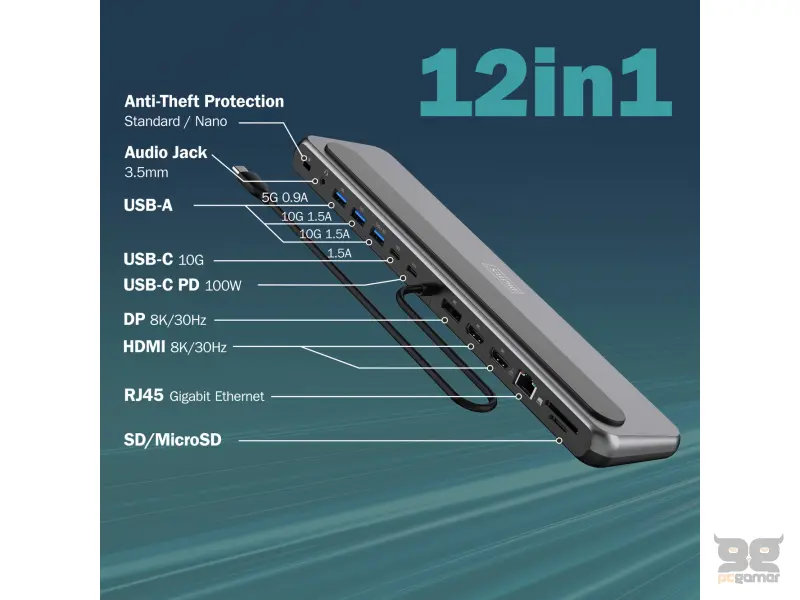 Digitus HUB 12 in 1, 2x HDMI, 1x DP, 3x USB 3.2, 1x USB Type-C, 1x USB Type-C PD, 1x RJ45 Gigabit Ethernet, 2x card reader, 1x 3.5mm