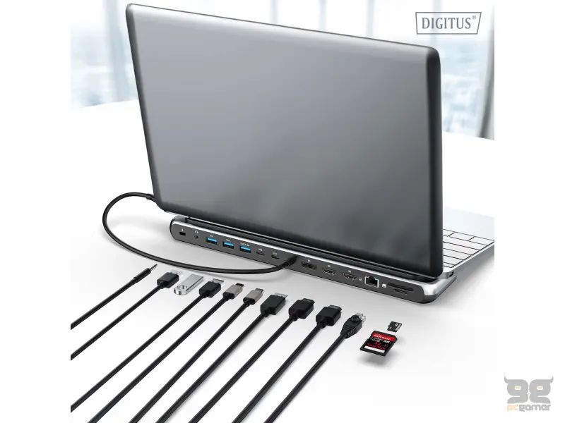 Digitus HUB 12 in 1, 2x HDMI, 1x DP, 3x USB 3.2, 1x USB Type-C, 1x USB Type-C PD, 1x RJ45 Gigabit Ethernet, 2x card reader, 1x 3.5mm