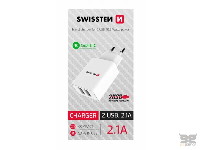 Swissten Travel charger Smart IC 2x USB-A power white