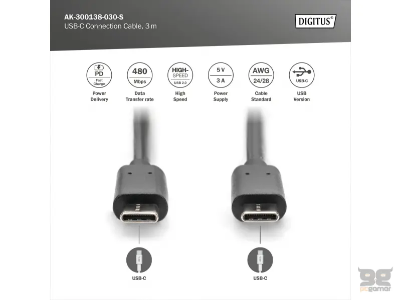 Digitus Kabl USB Type-C to Type-C, 5V/3A 15W, 3m, crni