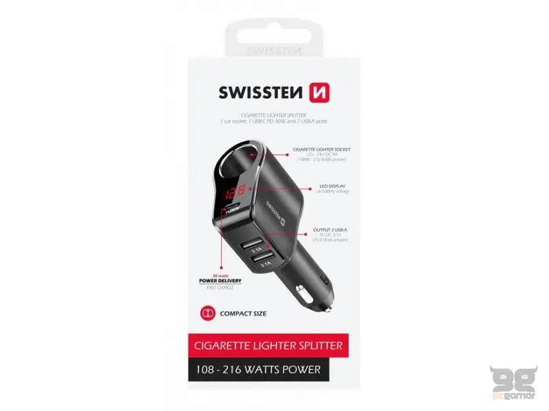 Swissten CAR CHARGER ADAPTER, CIGARETTE LIGHTER 1x CL, 1x USB-C PD, 2x USB-A, OUTPUT POWER 108W - 216W