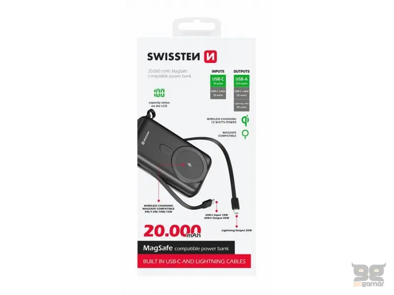 Swissten Power bank 20 000 mAh 20W, built-in  cables USB-C and Lightning, Magsafe compatible