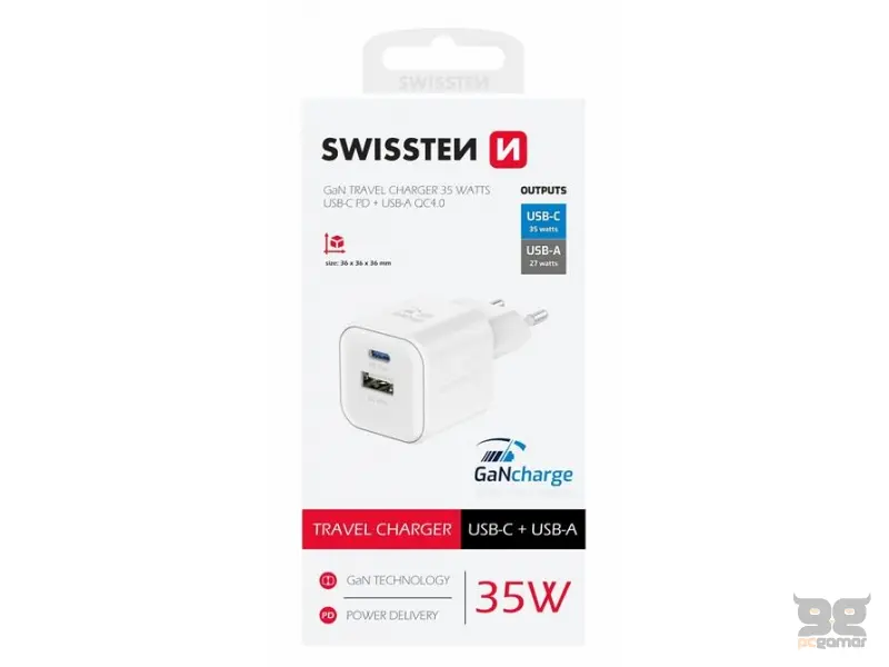 Swissten Travel charger 1x USB-C 35W PD, 1x USB-A 27W QC, white