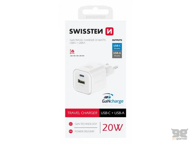 Swissten Travel charger 1x USB-C 20W PD, 1x USB-A 18W QC white