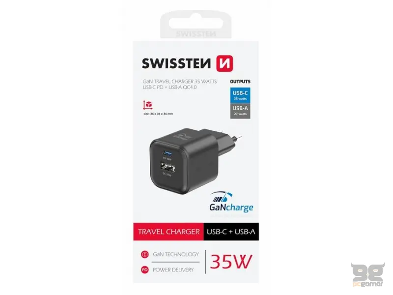 Swissten Travel charger 1x USB-C 35W PD, 1x USB-A 27W QC, black