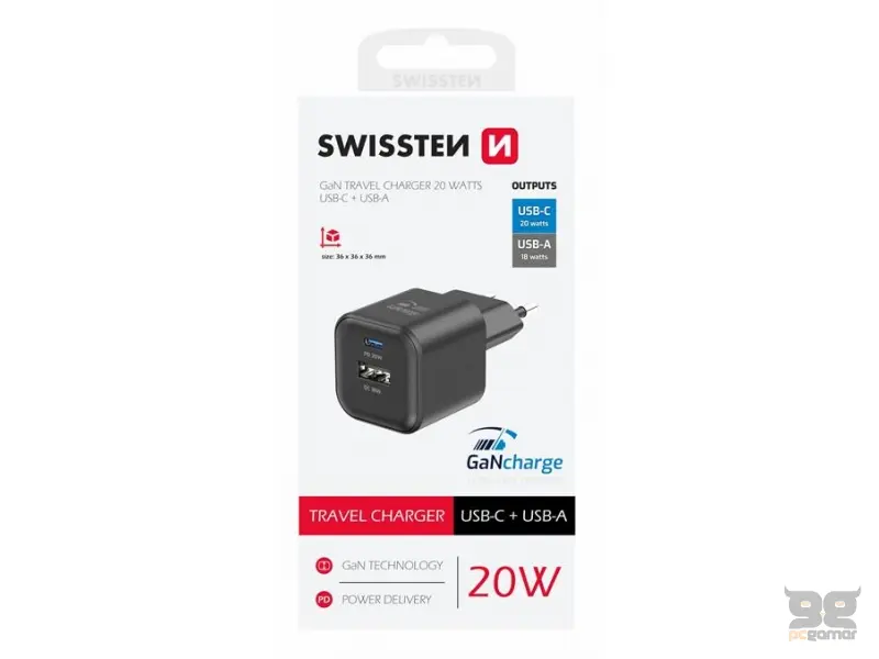 Swissten Travel charger 1x USB-C 20W PD, 1x USB-A 18W QC, black