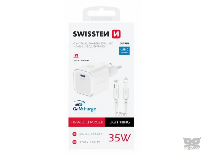 Swissten Travel charger 1x USB-C 35W PD white, data cable USB-C/Lightning 1.2, white