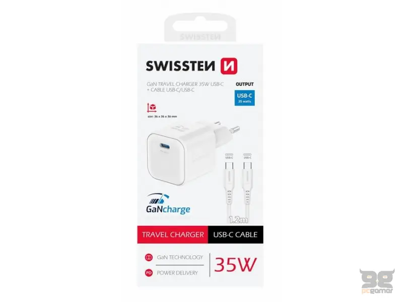 Swissten Travel charger 1x USB-C 35W PD white, data cable USB-C/ USB-C 1.2 M white