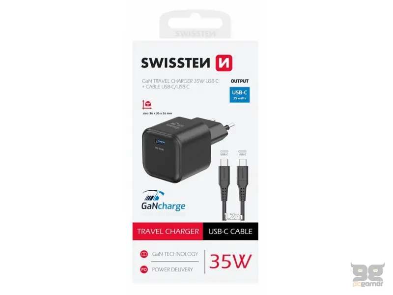 Swissten Travel charger 1x USB-C 35W PD black, data cable USB-C/USB-C 1.2 M black
