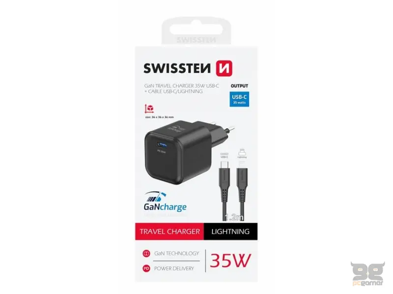Swissten Travel charger 1x USB-C 35W PD black, data cable USB-C/Lightning 1.2 M, black