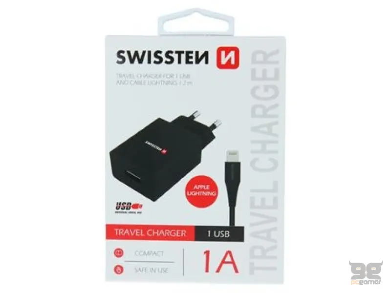 Swissten Travel charger smart IC with 1x USB 1A, data cable USB/Lightning 1.2 M, black