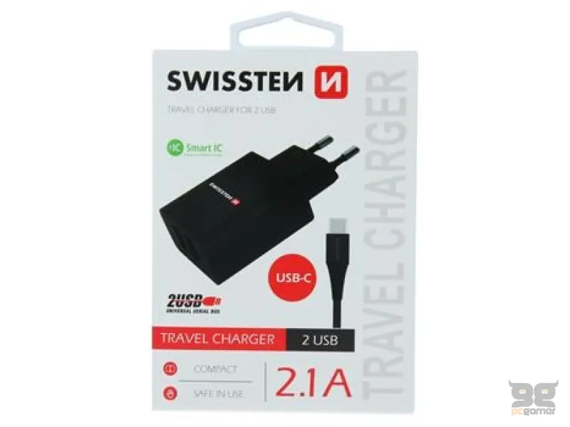 Swissten Travel charger smart IC with 2x USB 2.1 A data cable USB/Type C 1.2 M, black