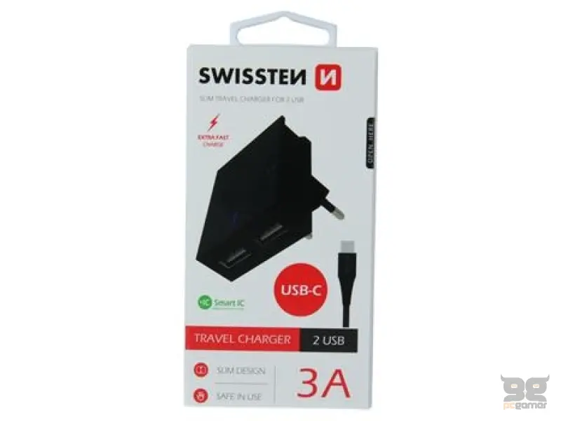 Swissten Travel charger smart IC with 2x USB 3A, data cable USB/Type C 1.2 M, black