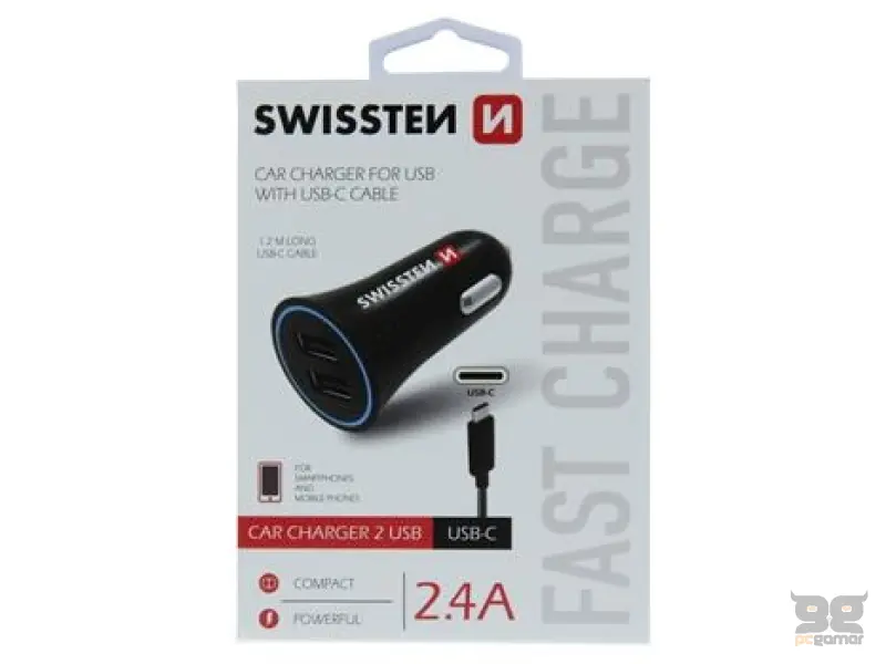 Swissten Car charger 2.4A power 2x USB, cable USB-C