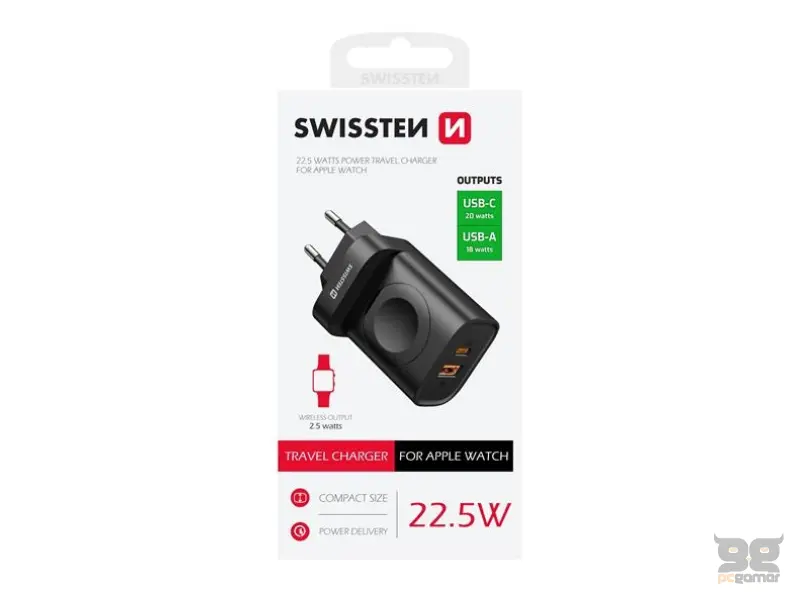Swissten Travel charger 1xUSB-A, 1xUSB-C and Apple watch, 22.5W
