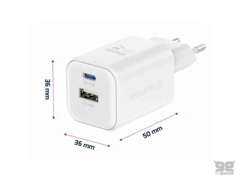 Swissten Travel Charger GaN 1x USB-C 45W PD + 1x USB-A 18W QC White