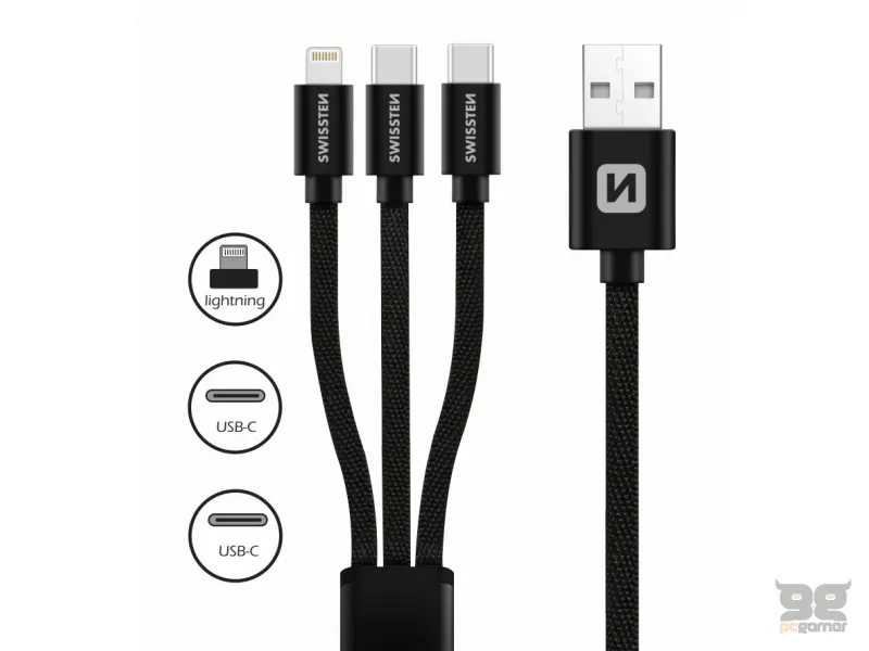 Swissten Data cable textile 3in1 1,2m, Black (Lighting, 2x USB-C)